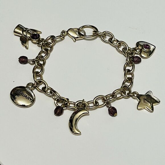 Birthstone Amethyst Charm Bracelet Angel Heart Moon Star Gold Chain - Picture 7 of 7
